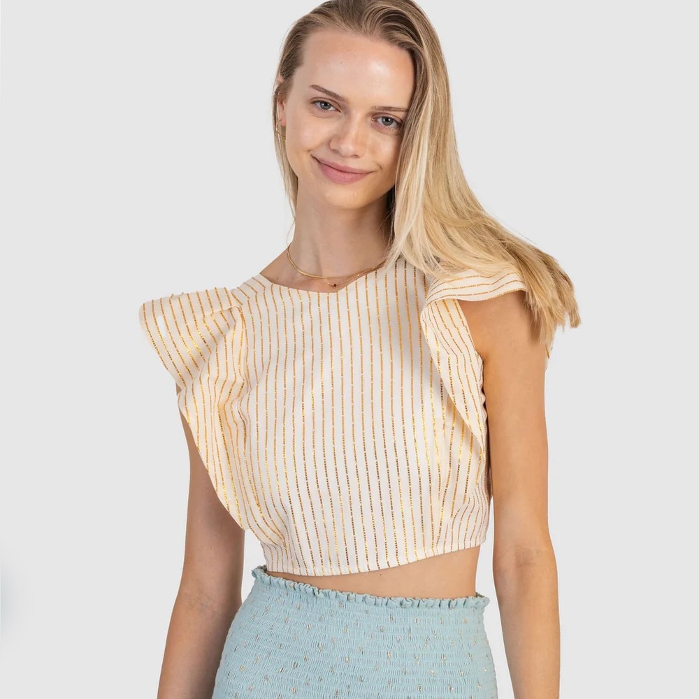 KOCH Elegant Cream and Blue Striped Women's Top